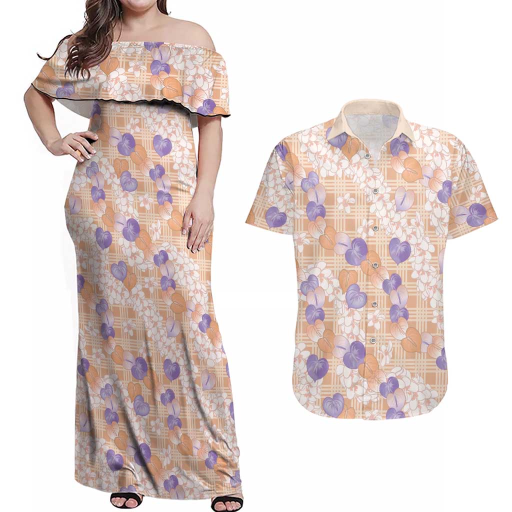 Anthurium Plumeria Lei Pastel Couples Matching Off Shoulder Maxi Dress and Hawaiian Shirt Orange Hawaiian Splendid Palaka LT01 Orange - Polynesian Pride