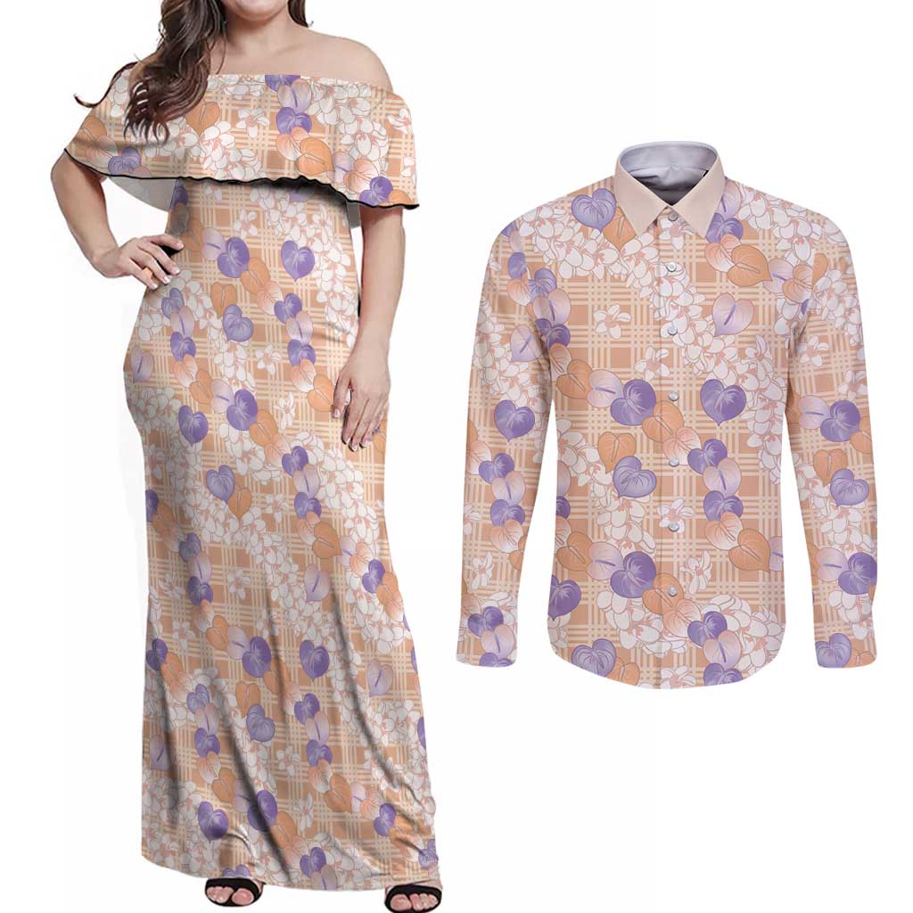Anthurium Plumeria Lei Pastel Couples Matching Off Shoulder Maxi Dress and Long Sleeve Button Shirt Orange Hawaiian Splendid Palaka LT01 Orange - Polynesian Pride