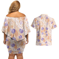Anthurium Plumeria Lei Pastel Couples Matching Off Shoulder Short Dress and Hawaiian Shirt Orange Hawaiian Splendid Palaka LT01 - Polynesian Pride