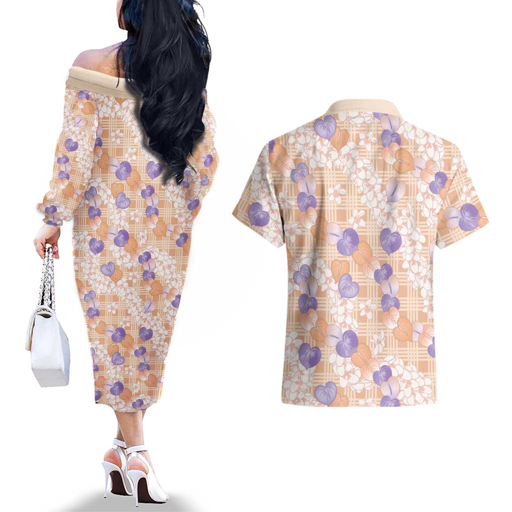 Anthurium Plumeria Lei Pastel Couples Matching Off The Shoulder Long Sleeve Dress and Hawaiian Shirt Orange Hawaiian Splendid Palaka