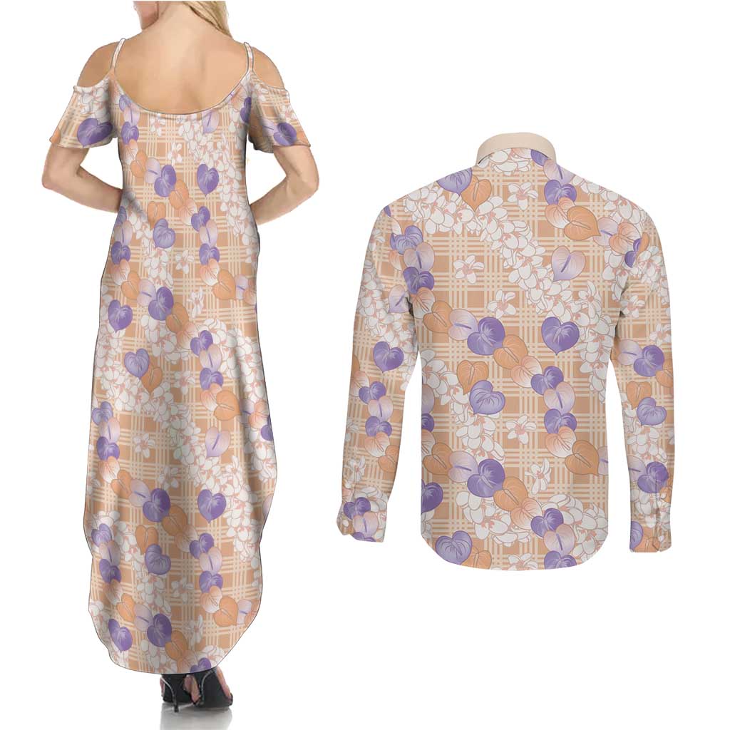 Anthurium Plumeria Lei Pastel Couples Matching Summer Maxi Dress and Long Sleeve Button Shirt Orange Hawaiian Splendid Palaka LT01 - Polynesian Pride