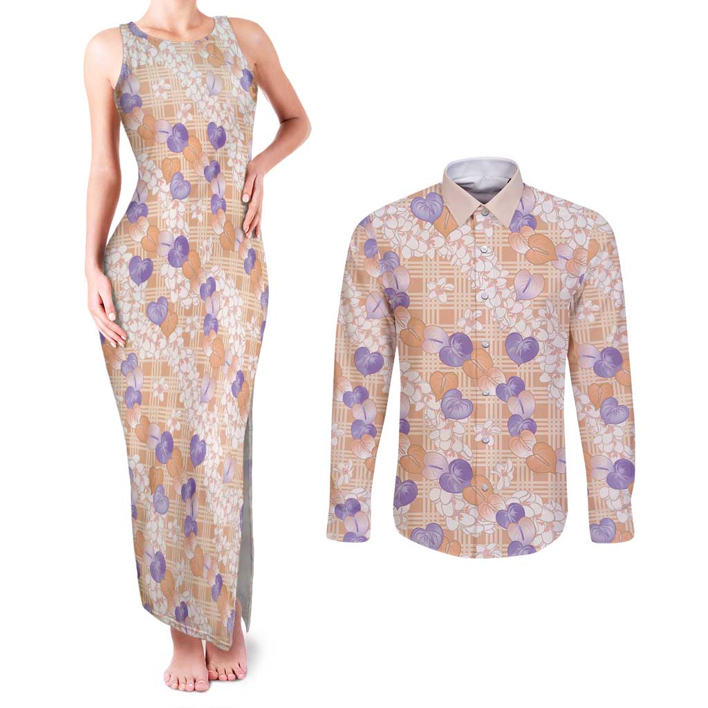 Anthurium Plumeria Lei Pastel Couples Matching Tank Maxi Dress and Long Sleeve Button Shirt Orange Hawaiian Splendid Palaka LT01 Orange - Polynesian Pride