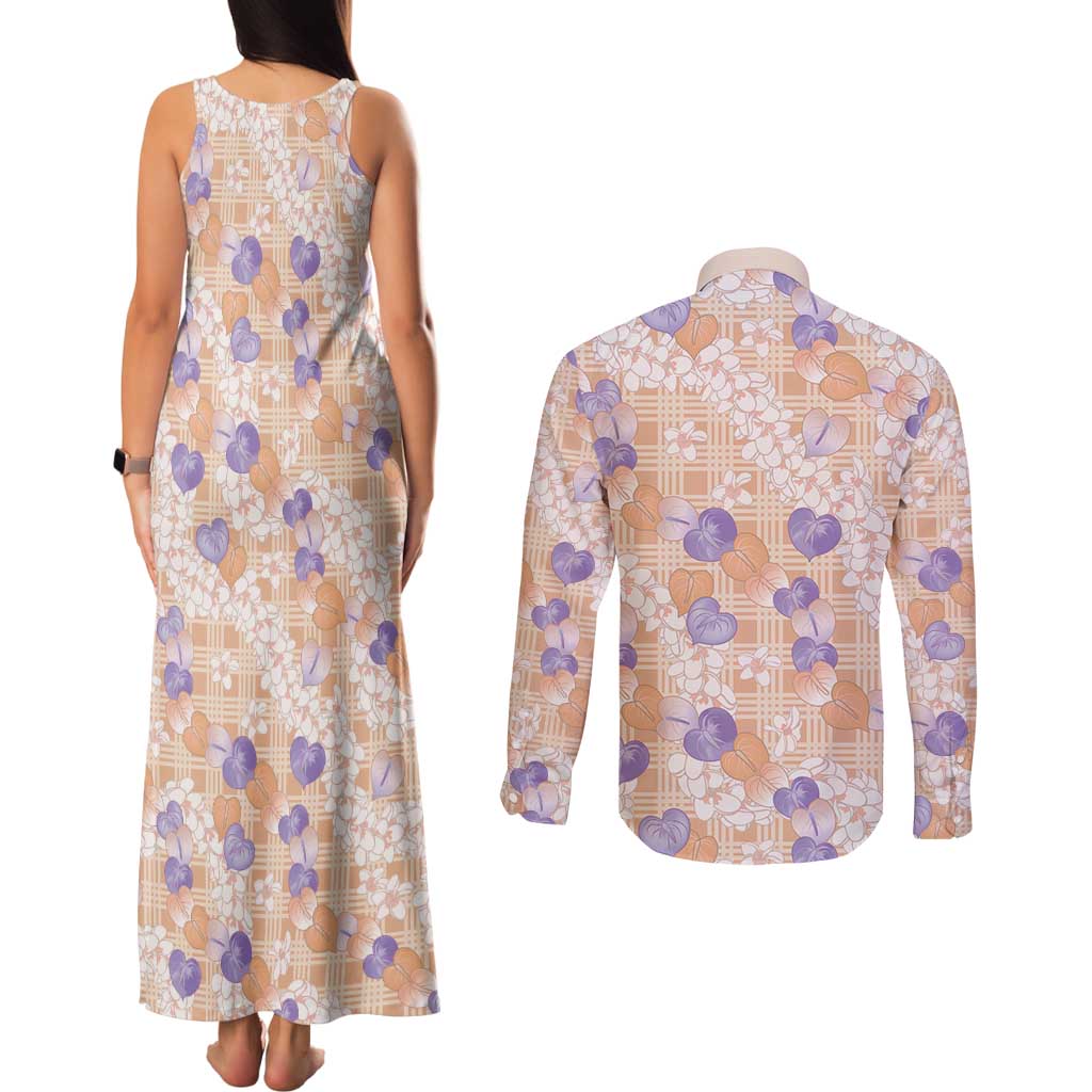 Anthurium Plumeria Lei Pastel Couples Matching Tank Maxi Dress and Long Sleeve Button Shirt Orange Hawaiian Splendid Palaka LT01 - Polynesian Pride