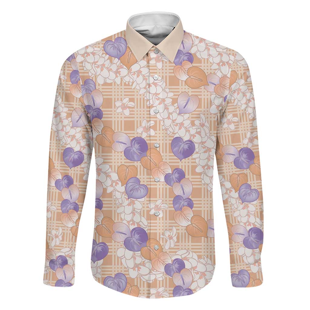 Anthurium Plumeria Lei Pastel Family Matching Off The Shoulder Long Sleeve Dress and Hawaiian Shirt Orange Hawaiian Splendid Palaka LT01 Dad's Shirt - Long Sleeve Orange - Polynesian Pride