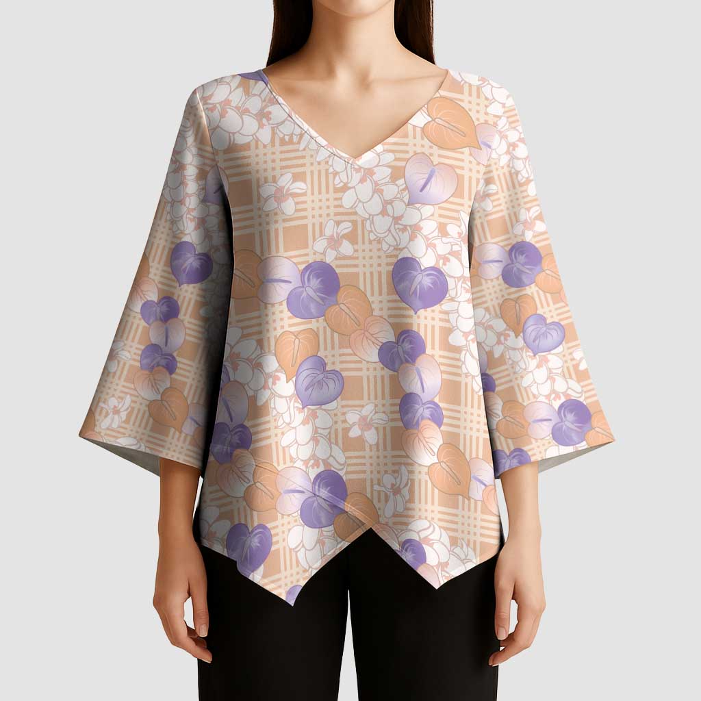 Anthurium Plumeria Lei Pastel Kimono Sleeve Blouse Orange Hawaiian Splendid Palaka LT01 - Polynesian Pride