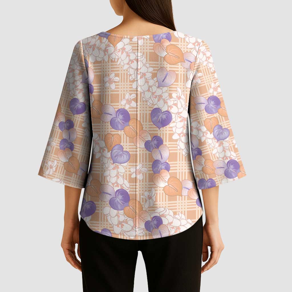 Anthurium Plumeria Lei Pastel Kimono Sleeve Blouse Orange Hawaiian Splendid Palaka LT01 - Polynesian Pride