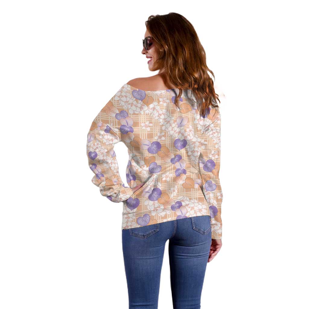 Anthurium Plumeria Lei Pastel Off Shoulder Sweater Orange Hawaiian Splendid Palaka