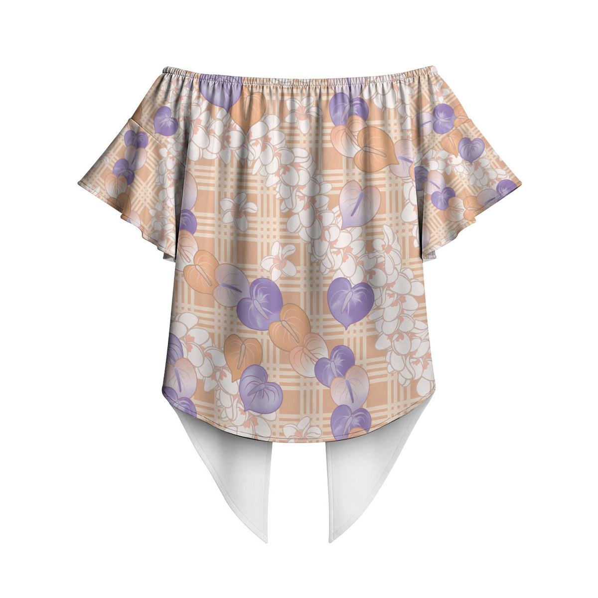 Anthurium Plumeria Lei Pastel Off Shoulder Wrap Waist Top Orange Hawaiian Splendid Palaka LT01 - Polynesian Pride