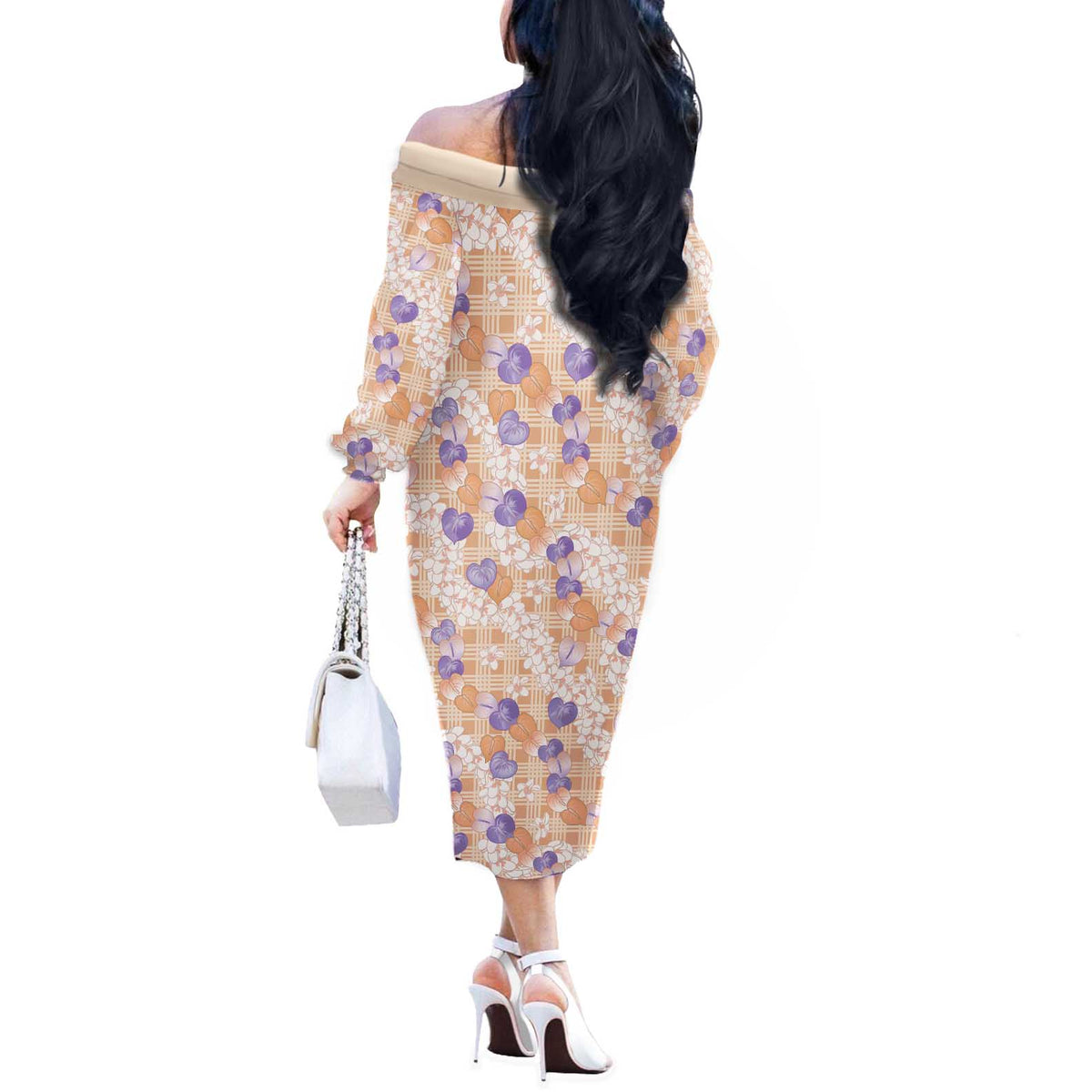 Anthurium Plumeria Lei Pastel Off The Shoulder Long Sleeve Dress Orange Hawaiian Splendid Palaka LT01 - Polynesian Pride