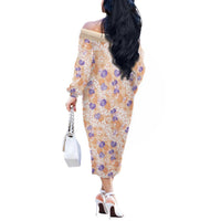Anthurium Plumeria Lei Pastel Off The Shoulder Long Sleeve Dress Orange Hawaiian Splendid Palaka LT01 - Polynesian Pride