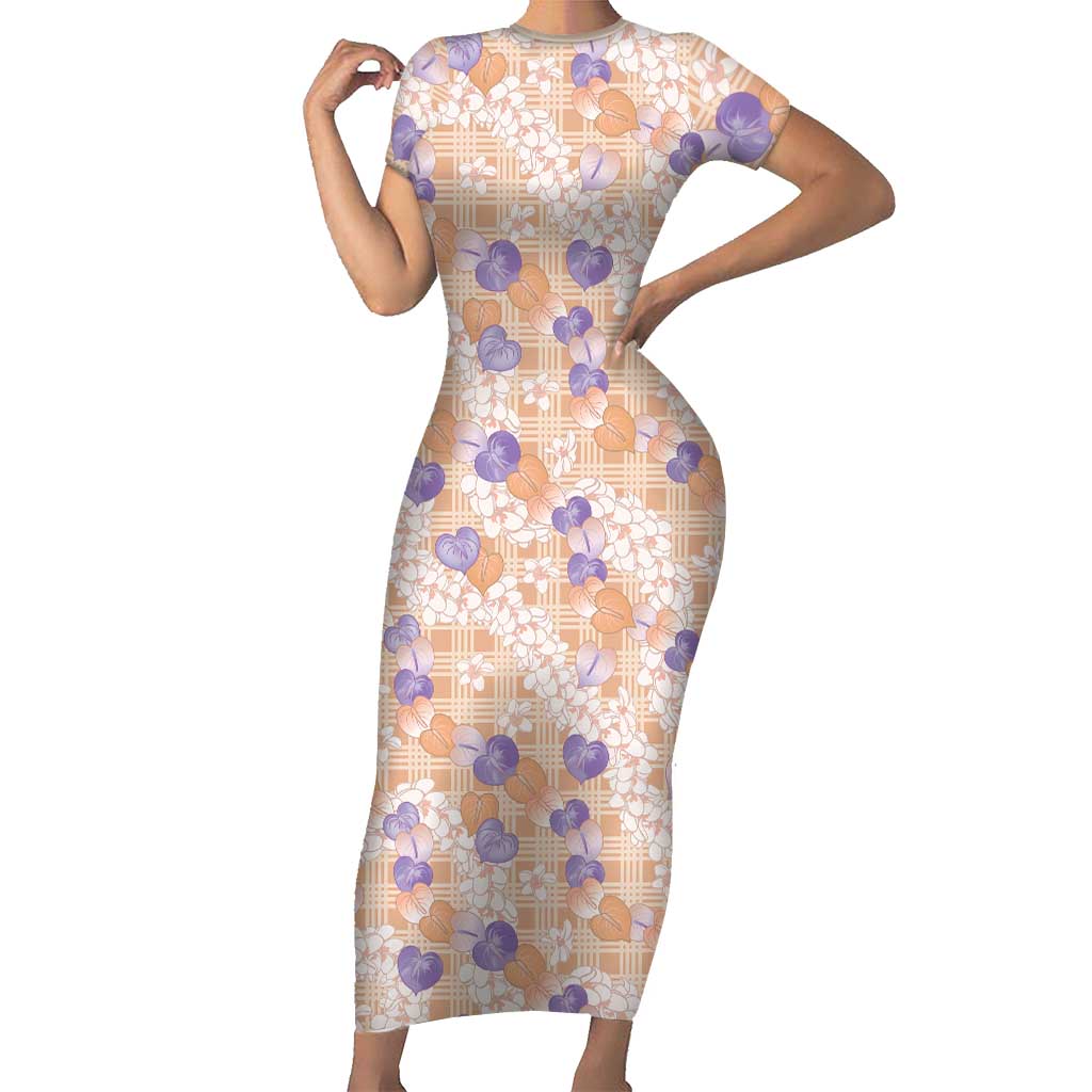Anthurium Plumeria Lei Pastel Short Sleeve Bodycon Dress Orange Hawaiian Splendid Palaka
