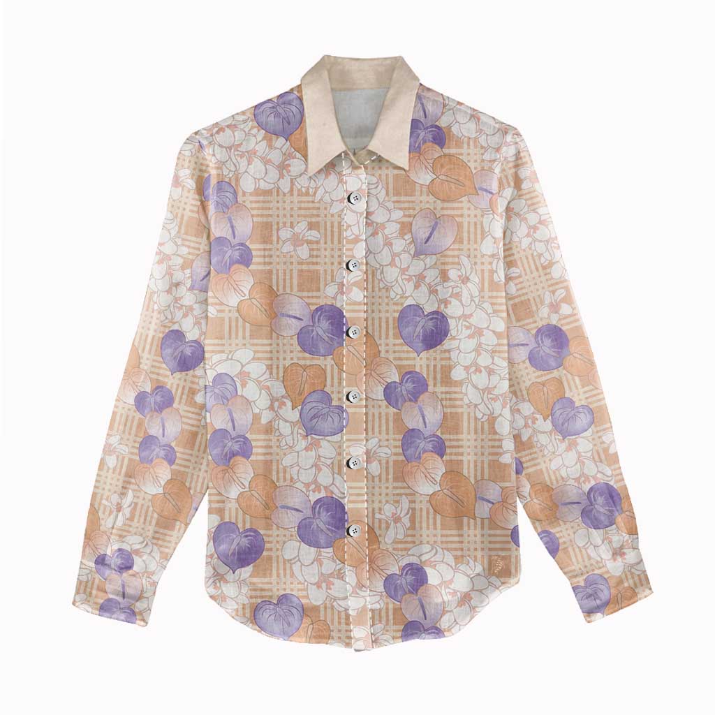 Anthurium Plumeria Lei Pastel Women Casual Shirt Orange Hawaiian Splendid Palaka LT01 - Polynesian Pride
