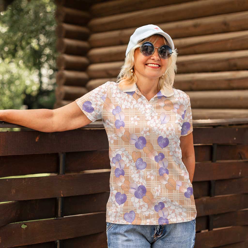 Anthurium Plumeria Lei Pastel Women Polo Shirt Orange Hawaiian Splendid Palaka LT01 - Polynesian Pride