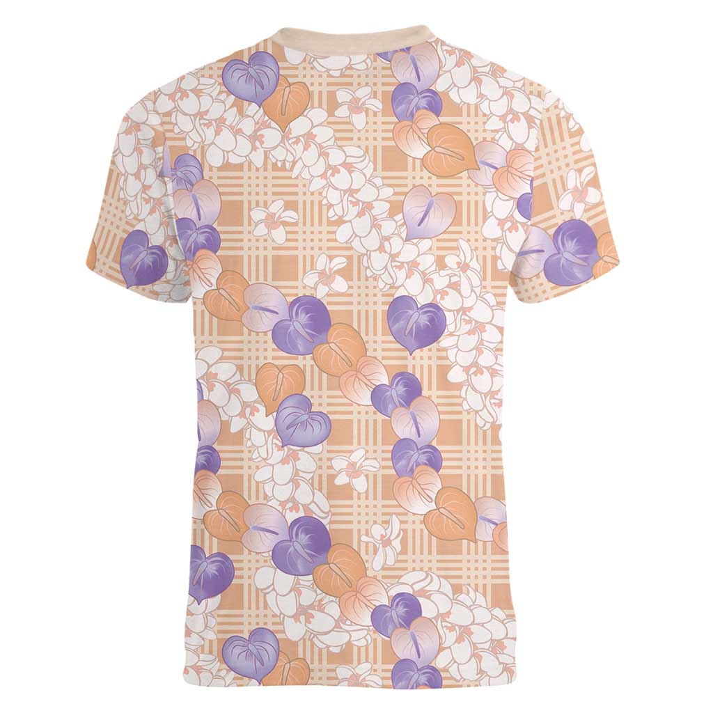 Anthurium Plumeria Lei Pastel Women V-Neck T-Shirt Orange Hawaiian Splendid Palaka LT01 - Polynesian Pride