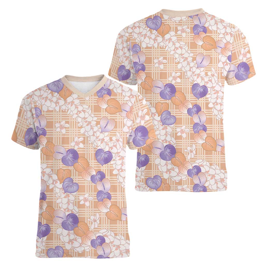 Anthurium Plumeria Lei Pastel Women V-Neck T-Shirt Orange Hawaiian Splendid Palaka LT01 - Polynesian Pride