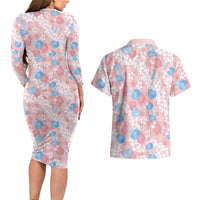 Anthurium Plumeria Lei Pastel Couples Matching Long Sleeve Bodycon Dress and Hawaiian Shirt Pink Hawaiian Splendid Palaka