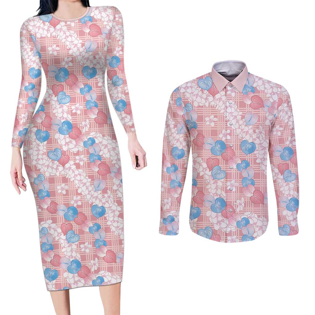 Anthurium Plumeria Lei Pastel Couples Matching Long Sleeve Bodycon Dress and Long Sleeve Button Shirt Pink Hawaiian Splendid Palaka