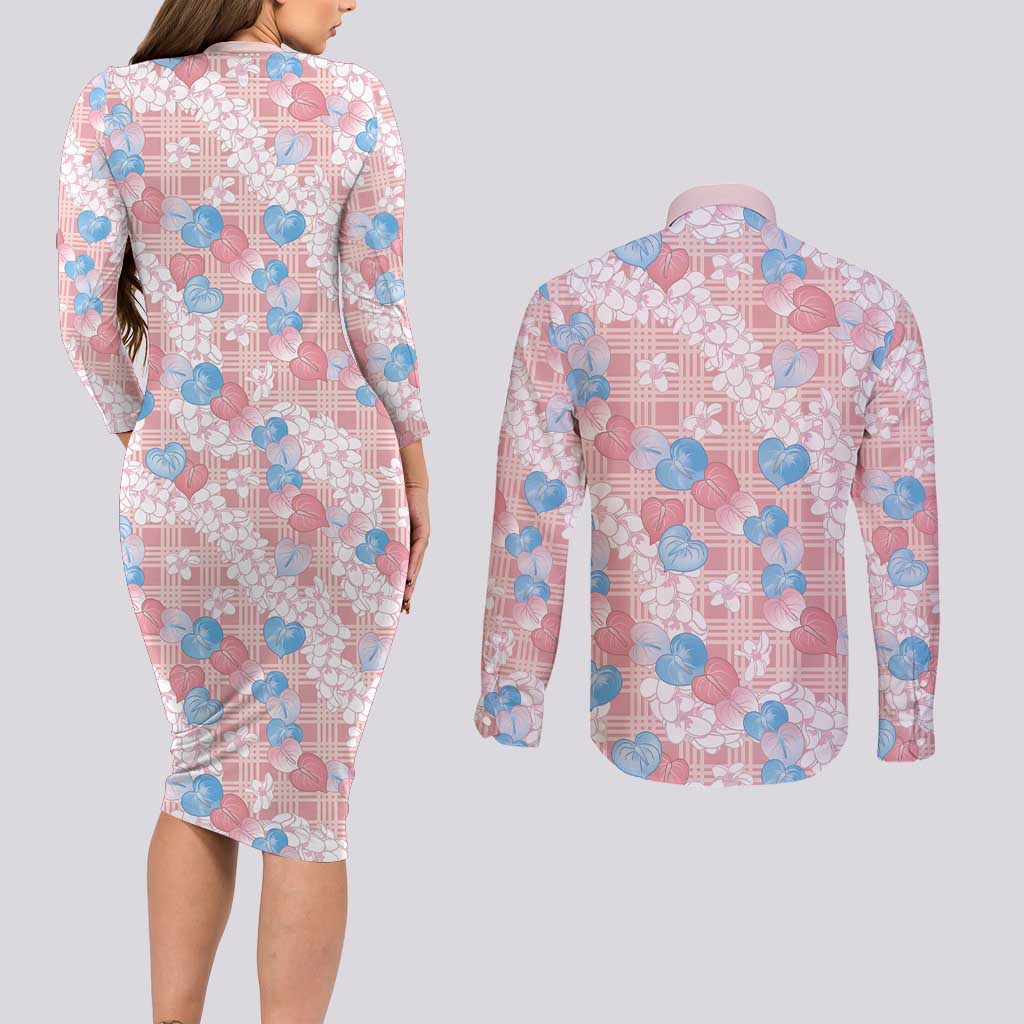 Anthurium Plumeria Lei Pastel Couples Matching Long Sleeve Bodycon Dress and Long Sleeve Button Shirt Pink Hawaiian Splendid Palaka LT01 - Polynesian Pride