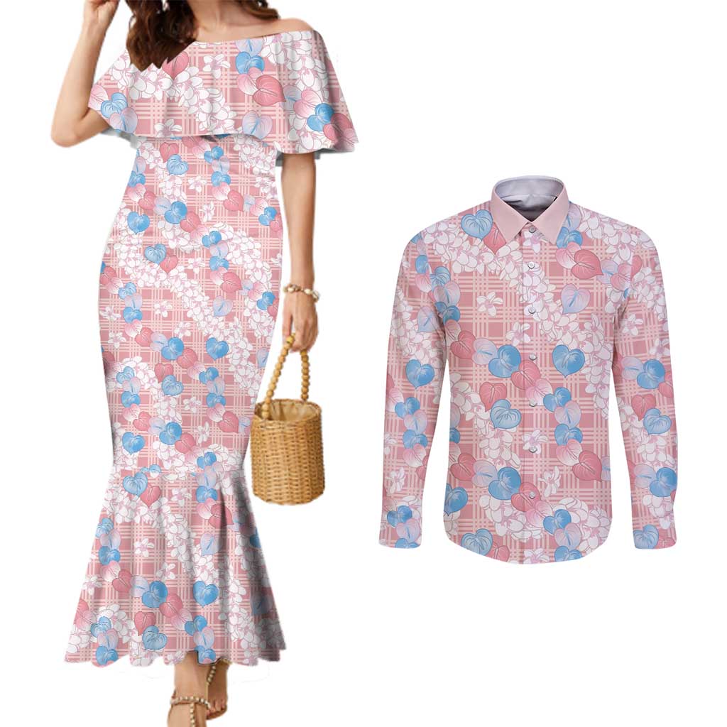 Anthurium Plumeria Lei Pastel Couples Matching Mermaid Dress and Long Sleeve Button Shirt Pink Hawaiian Splendid Palaka