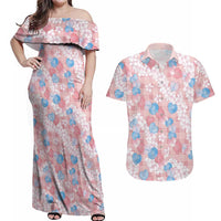 Anthurium Plumeria Lei Pastel Couples Matching Off Shoulder Maxi Dress and Hawaiian Shirt Pink Hawaiian Splendid Palaka LT01 Pink - Polynesian Pride
