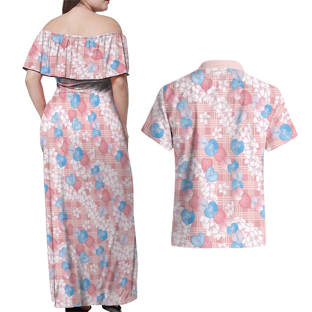 Anthurium Plumeria Lei Pastel Couples Matching Off Shoulder Maxi Dress and Hawaiian Shirt Pink Hawaiian Splendid Palaka LT01 - Polynesian Pride