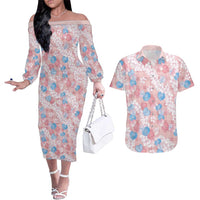Anthurium Plumeria Lei Pastel Couples Matching Off The Shoulder Long Sleeve Dress and Hawaiian Shirt Pink Hawaiian Splendid Palaka