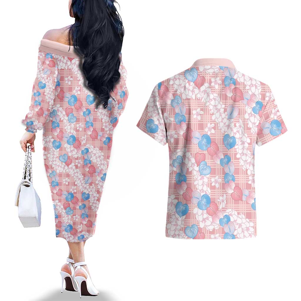 Anthurium Plumeria Lei Pastel Couples Matching Off The Shoulder Long Sleeve Dress and Hawaiian Shirt Pink Hawaiian Splendid Palaka