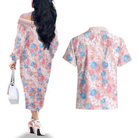 Anthurium Plumeria Lei Pastel Couples Matching Off The Shoulder Long Sleeve Dress and Hawaiian Shirt Pink Hawaiian Splendid Palaka