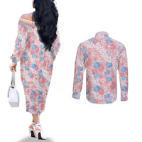 Anthurium Plumeria Lei Pastel Couples Matching Off The Shoulder Long Sleeve Dress and Long Sleeve Button Shirt Pink Hawaiian Splendid Palaka LT01 - Polynesian Pride