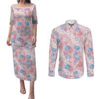 Anthurium Plumeria Lei Pastel Couples Matching Puletasi and Long Sleeve Button Shirt Pink Hawaiian Splendid Palaka LT01 Pink - Polynesian Pride