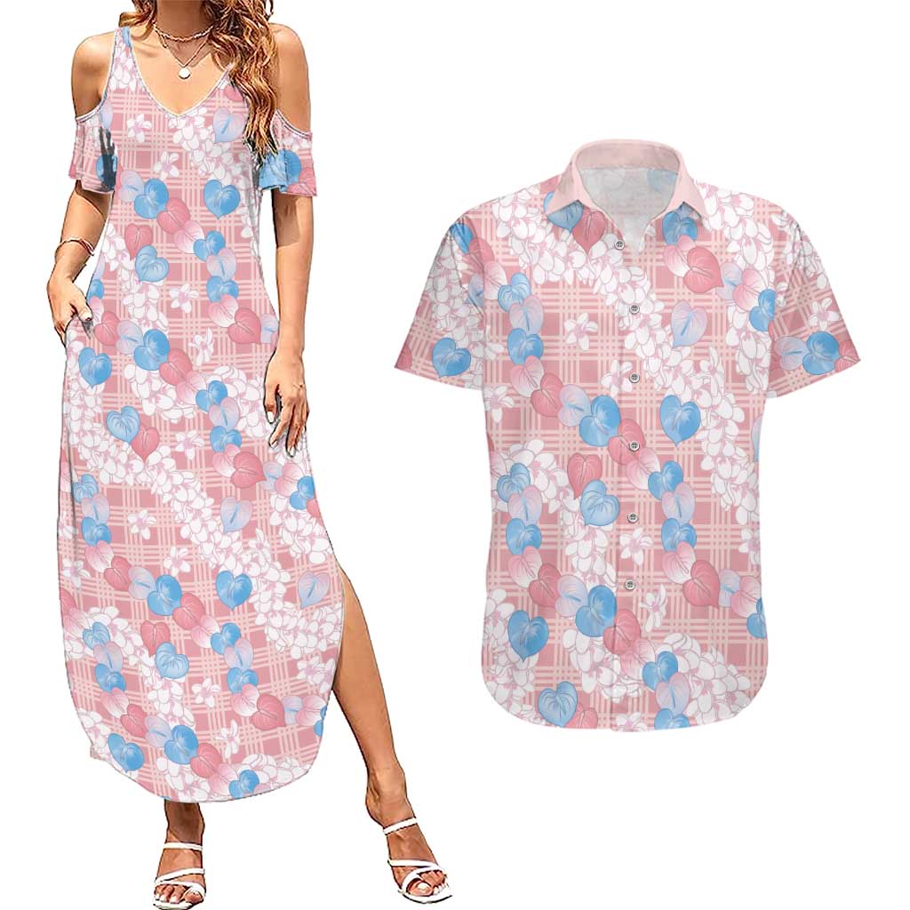 Anthurium Plumeria Lei Pastel Couples Matching Summer Maxi Dress and Hawaiian Shirt Pink Hawaiian Splendid Palaka