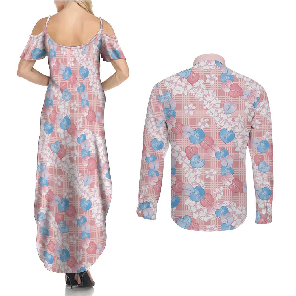 Anthurium Plumeria Lei Pastel Couples Matching Summer Maxi Dress and Long Sleeve Button Shirt Pink Hawaiian Splendid Palaka LT01 - Polynesian Pride