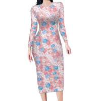 Anthurium Plumeria Lei Pastel Family Matching Long Sleeve Bodycon Dress and Hawaiian Shirt Pink Hawaiian Splendid Palaka LT01 Mom's Dress Pink - Polynesian Pride