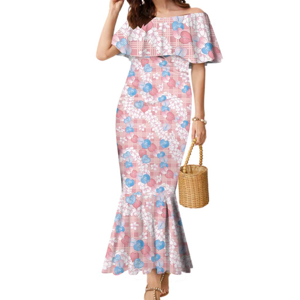 Anthurium Plumeria Lei Pastel Family Matching Mermaid Dress and Hawaiian Shirt Pink Hawaiian Splendid Palaka LT01 Mom's Dress Pink - Polynesian Pride