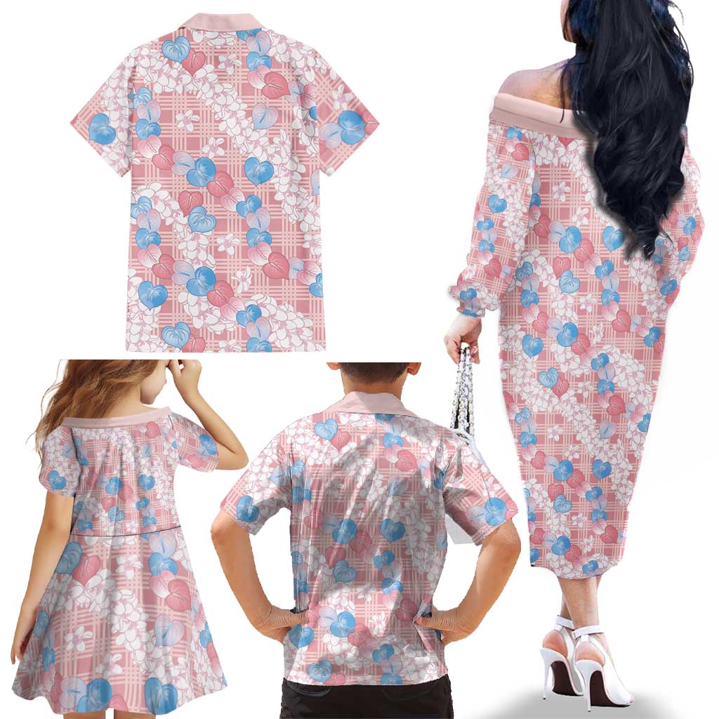 Anthurium Plumeria Lei Pastel Family Matching Off The Shoulder Long Sleeve Dress and Hawaiian Shirt Pink Hawaiian Splendid Palaka LT01 - Polynesian Pride