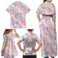 Anthurium Plumeria Lei Pastel Family Matching Off Shoulder Maxi Dress and Hawaiian Shirt Pink Hawaiian Splendid Palaka