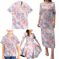 Anthurium Plumeria Lei Pastel Family Matching Puletasi and Hawaiian Shirt Pink Hawaiian Splendid Palaka