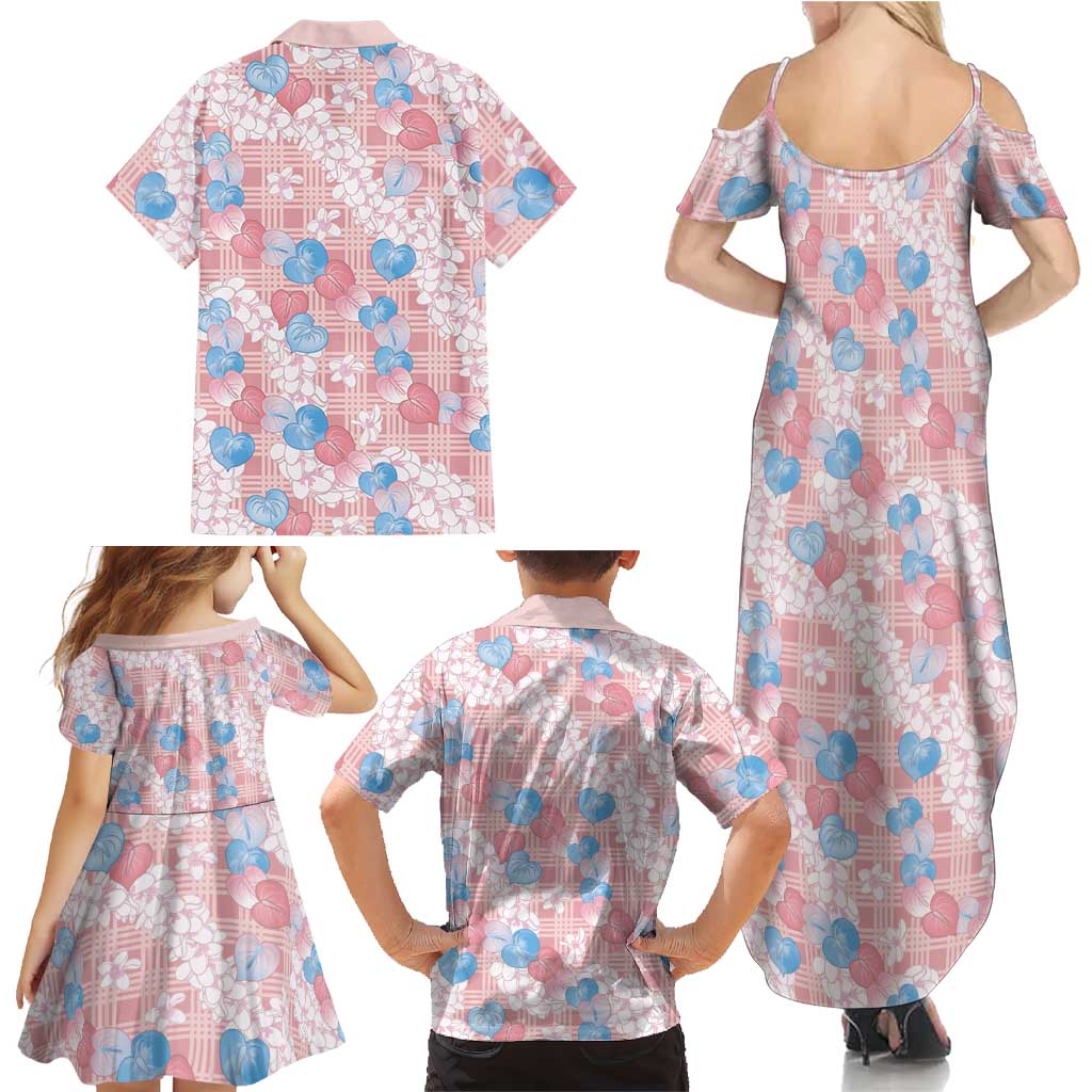 Anthurium Plumeria Lei Pastel Family Matching Summer Maxi Dress and Hawaiian Shirt Pink Hawaiian Splendid Palaka LT01 - Polynesian Pride