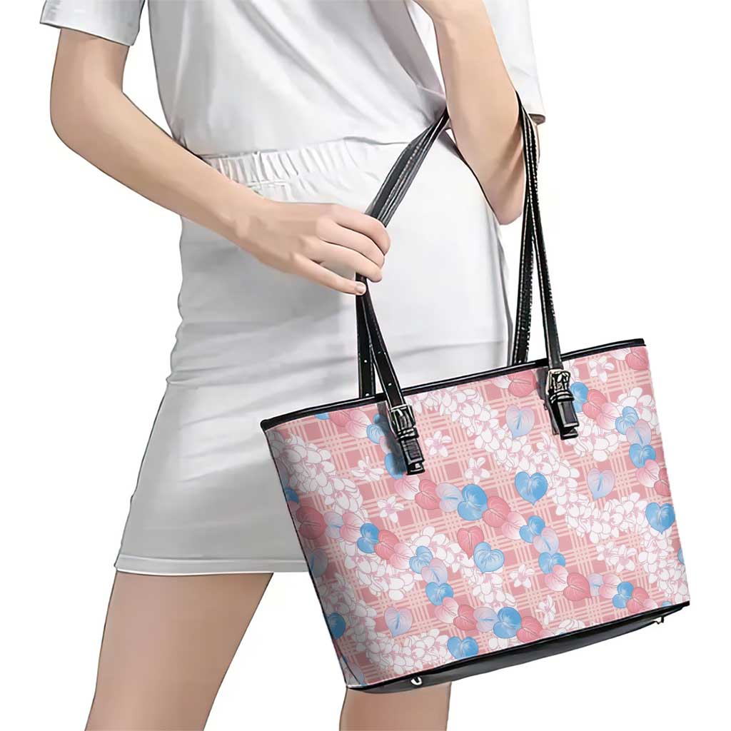 Anthurium Plumeria Lei Pastel Leather Tote Bag Pink Hawaiian Splendid Palaka LT01 - Polynesian Pride