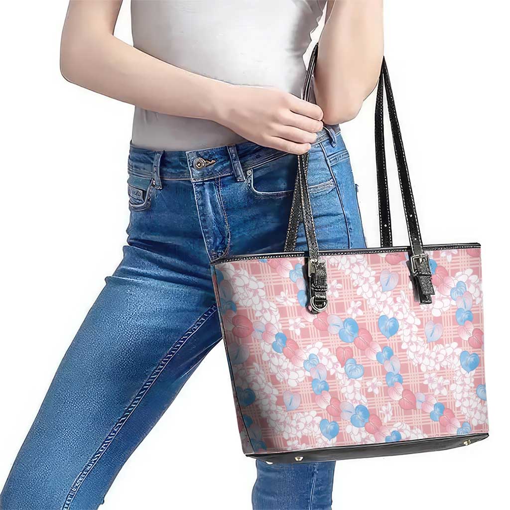Anthurium Plumeria Lei Pastel Leather Tote Bag Pink Hawaiian Splendid Palaka LT01 - Polynesian Pride