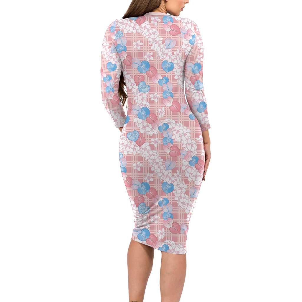 Anthurium Plumeria Lei Pastel Long Sleeve Bodycon Dress Pink Hawaiian Splendid Palaka LT01 - Polynesian Pride