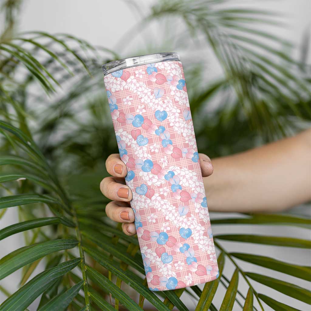 Anthurium Plumeria Lei Pastel Skinny Tumbler Pink Hawaiian Splendid Palaka LT01 - Polynesian Pride