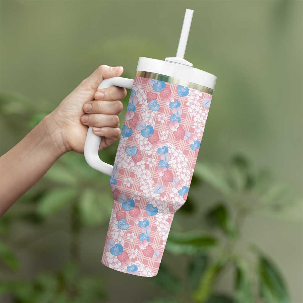 Anthurium Plumeria Lei Pastel Tumbler With Handle Pink Hawaiian Splendid Palaka