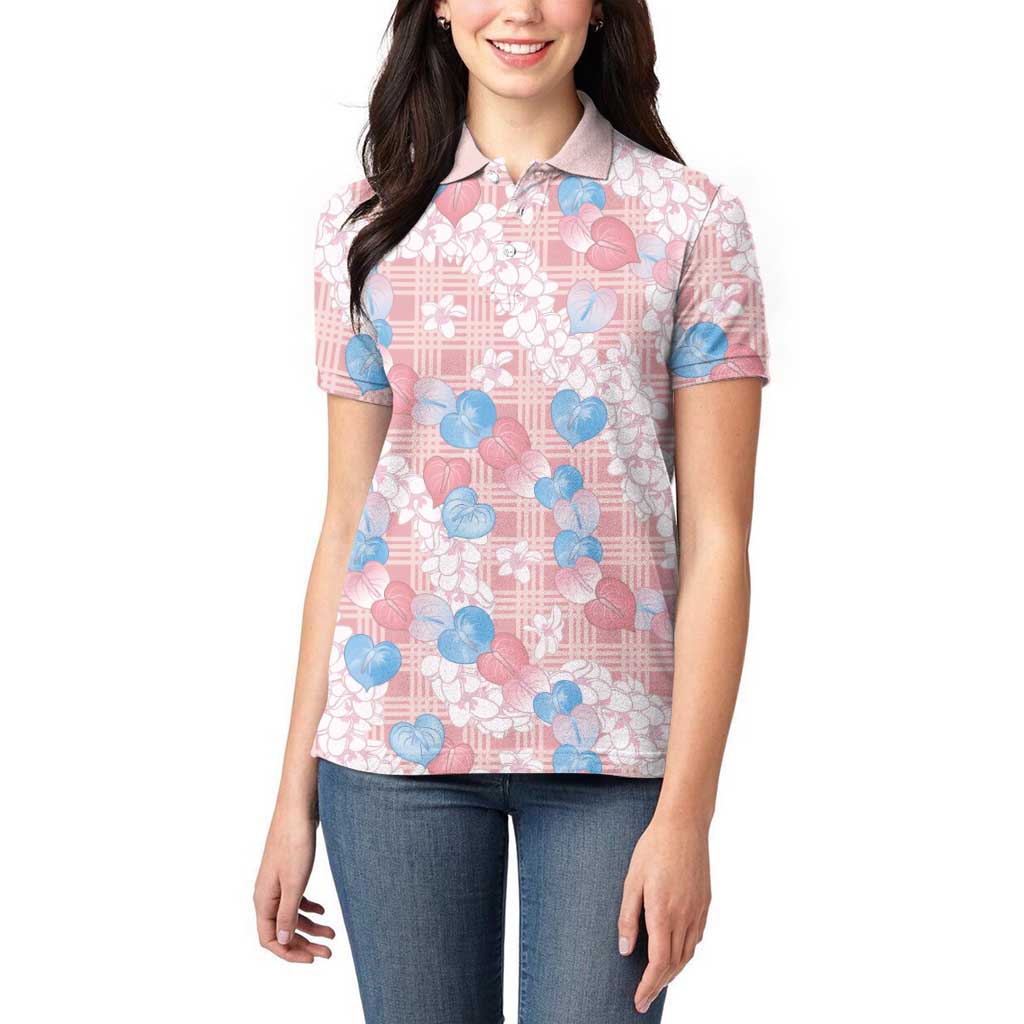 Anthurium Plumeria Lei Pastel Women Polo Shirt Pink Hawaiian Splendid Palaka LT01 - Polynesian Pride