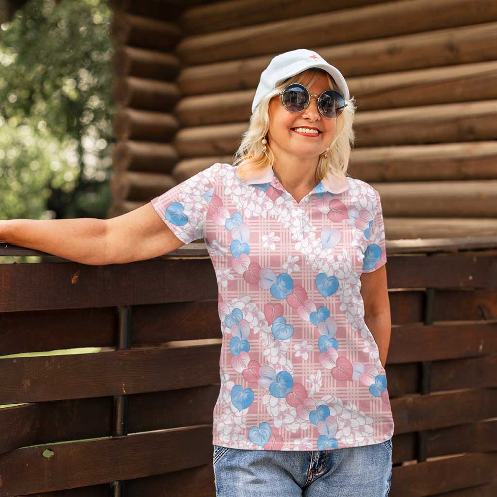 Anthurium Plumeria Lei Pastel Women Polo Shirt Pink Hawaiian Splendid Palaka LT01 - Polynesian Pride