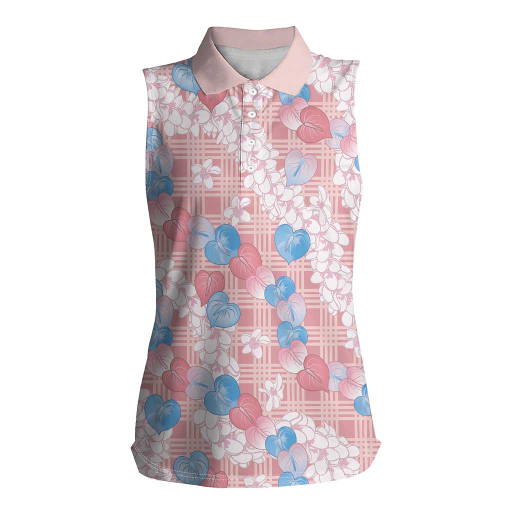Anthurium Plumeria Lei Pastel Women Sleeveless Polo Shirt Pink Hawaiian Splendid Palaka LT01 Female Pink - Polynesian Pride