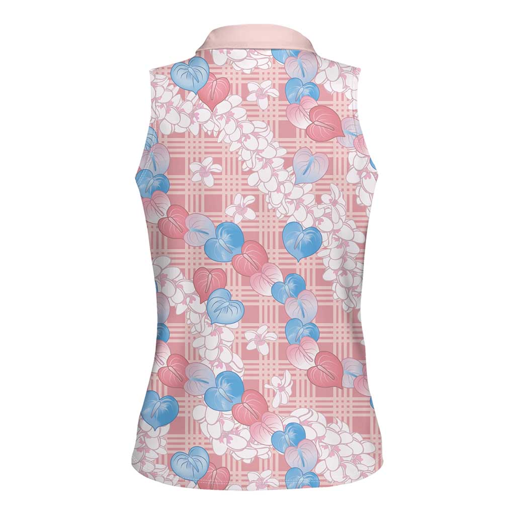 Anthurium Plumeria Lei Pastel Women Sleeveless Polo Shirt Pink Hawaiian Splendid Palaka LT01 - Polynesian Pride