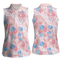 Anthurium Plumeria Lei Pastel Women Sleeveless Polo Shirt Pink Hawaiian Splendid Palaka LT01 - Polynesian Pride