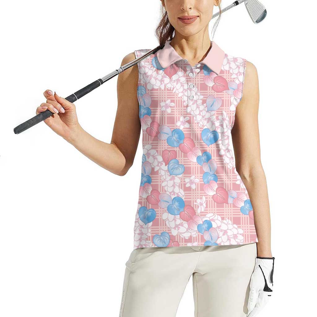 Anthurium Plumeria Lei Pastel Women Sleeveless Polo Shirt Pink Hawaiian Splendid Palaka LT01 - Polynesian Pride