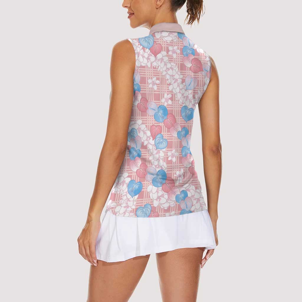 Anthurium Plumeria Lei Pastel Women Sleeveless Polo Shirt Pink Hawaiian Splendid Palaka LT01 - Polynesian Pride